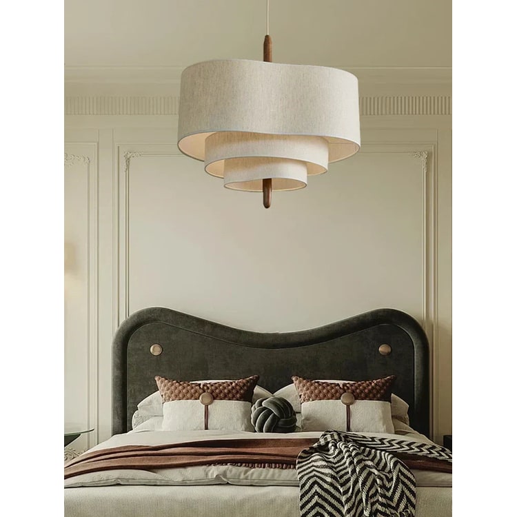 Pendant Light with Tiered Fabric Shades and Wooden Rod for Living Room - Image 2