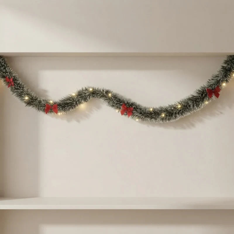 Pre-Lit Tinsel Garland with Frosted Tips Bows and Warm White LED Lights - Image 1