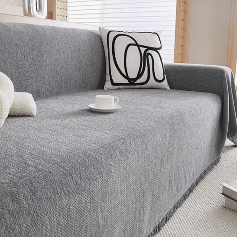 Sofa Couch Cover Throw with Woven Herringbone Chenille and Fringe - Image 2