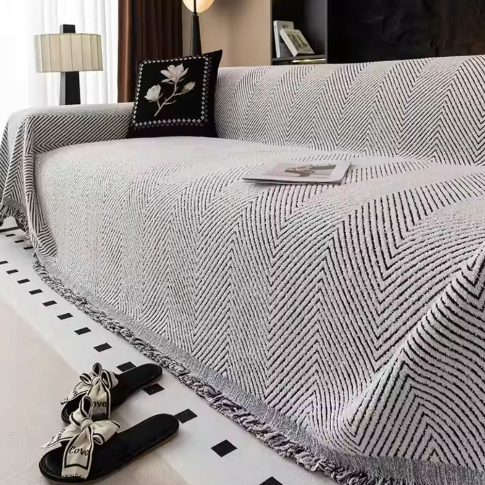 Sofa Throw Blanket Couch Herringbone Fringed Woven Textured Cover - Image 4
