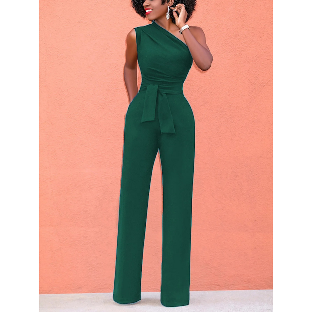 Combinaison à jambes larges et manches courtes - taille ceinturée, coupe flatteuse, tenue élégante en une pièce
