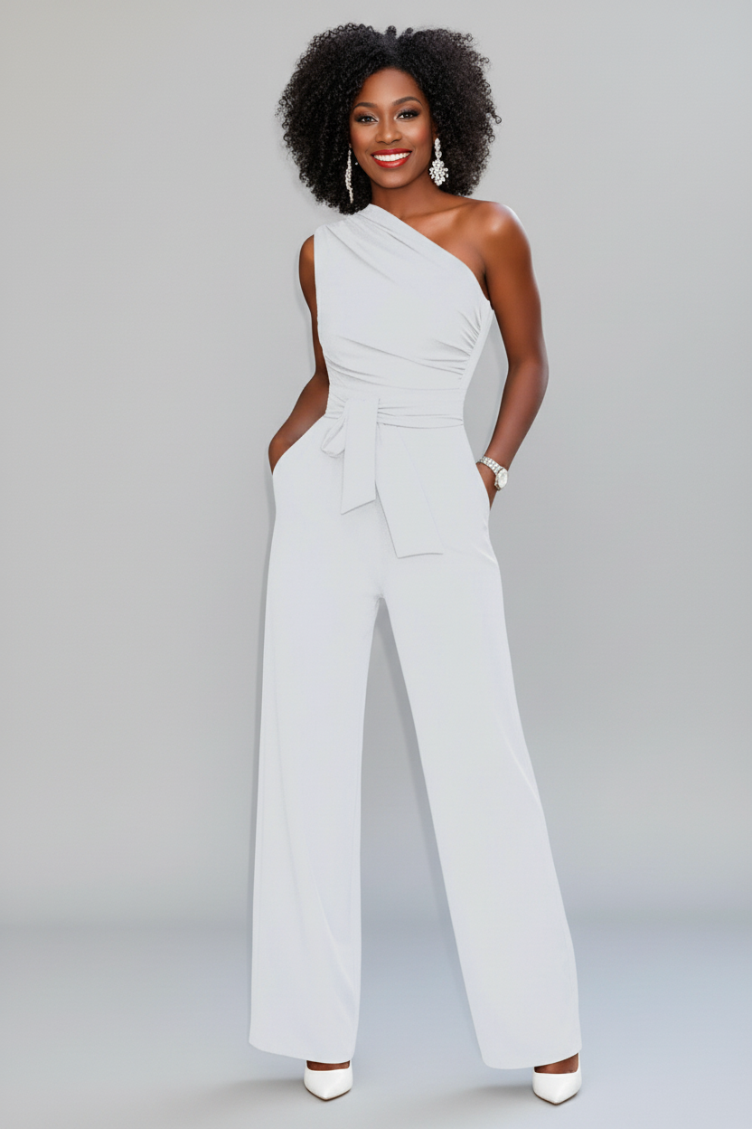 Jumpsuit mit weitem Bein und kurzen Ärmeln – Taillengürtel, schmeichelhafte Passform, elegantes einteiliges Outfit