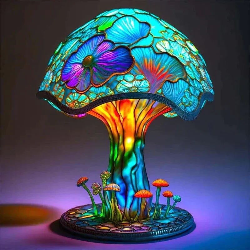 Stained Glass Table Lamp with LED Light and Organic Sculptural Base - Image 1
