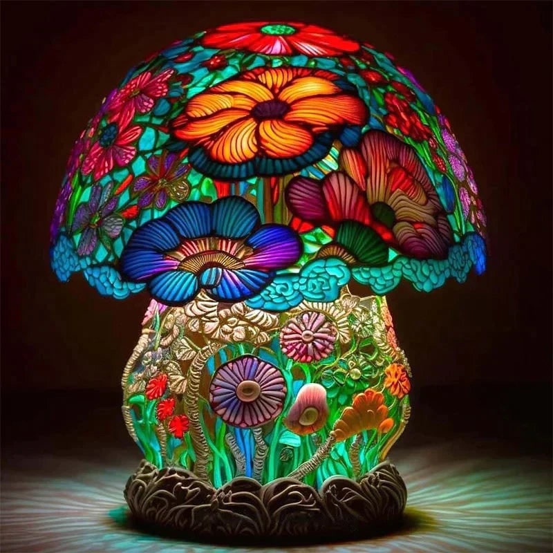 Stained Glass Table Lamp with LED Light and Organic Sculptural Base - Image 2