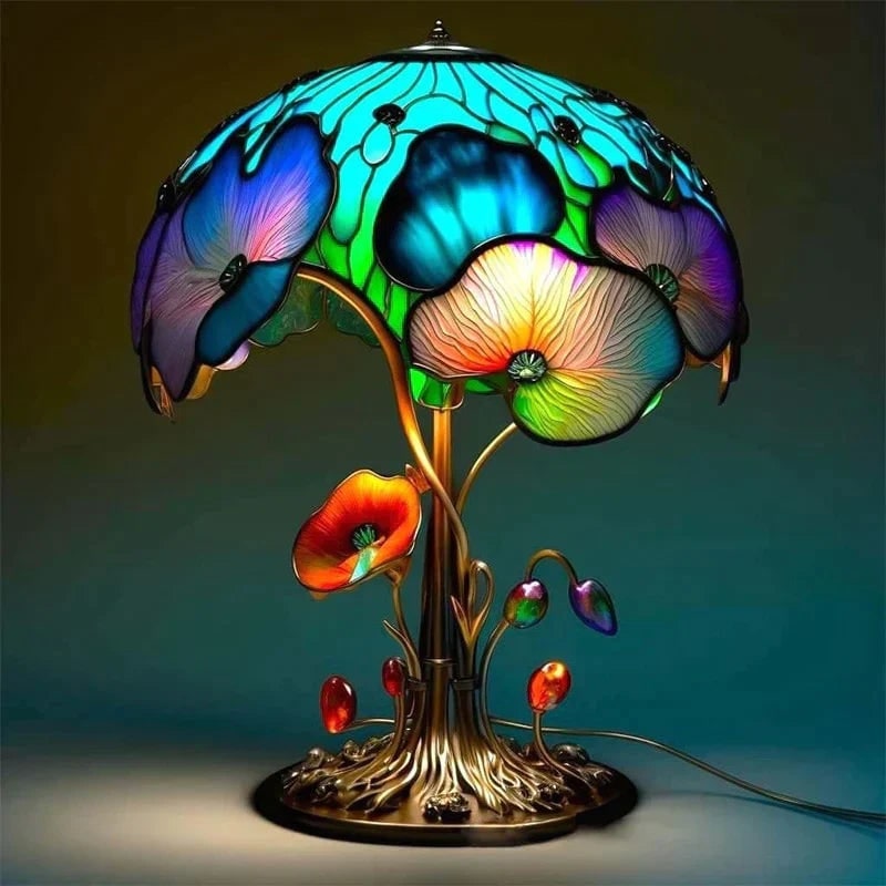 Stained Glass Table Lamp with LED Light and Organic Sculptural Base - Image 3