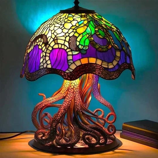Stained Glass Table Lamp with LED Light and Organic Sculptural Base - Image 7