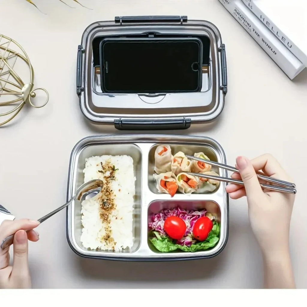 Stainless Steel Bento Lunch Box with Airtight Lid Compartments and Cutlery - Image 1