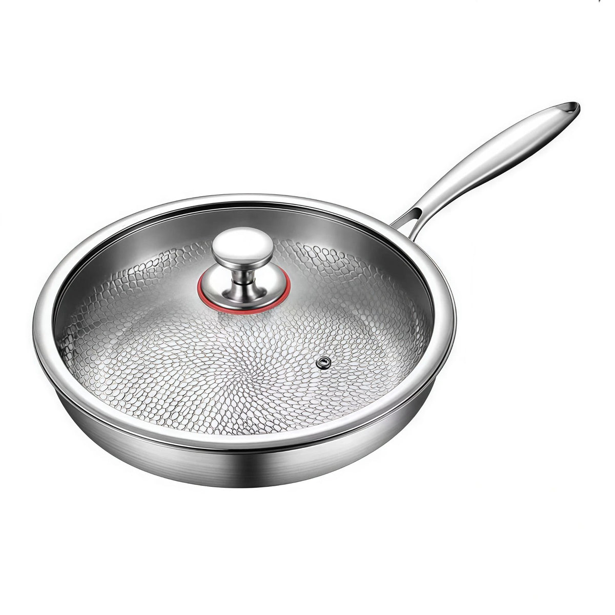 Stainless Steel Frying Pan with Hammered Interior and Glass Lid - Image 5