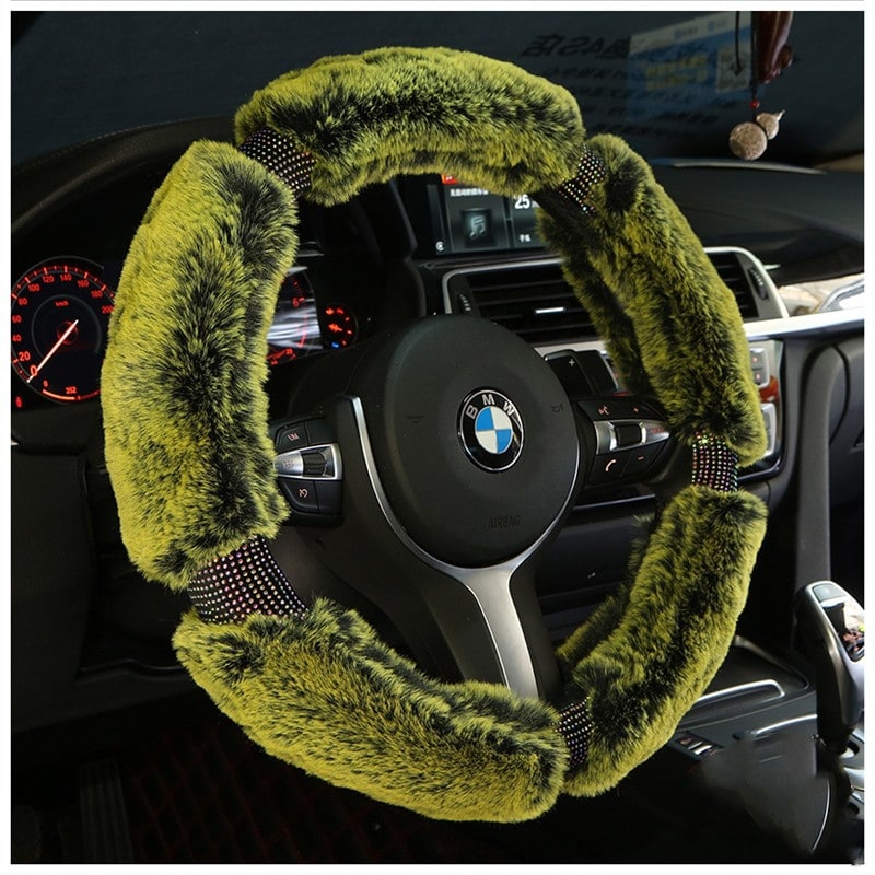 Steering Wheel Cover for Car with Plush Faux Fur and Rhinestone Accents - Image 1