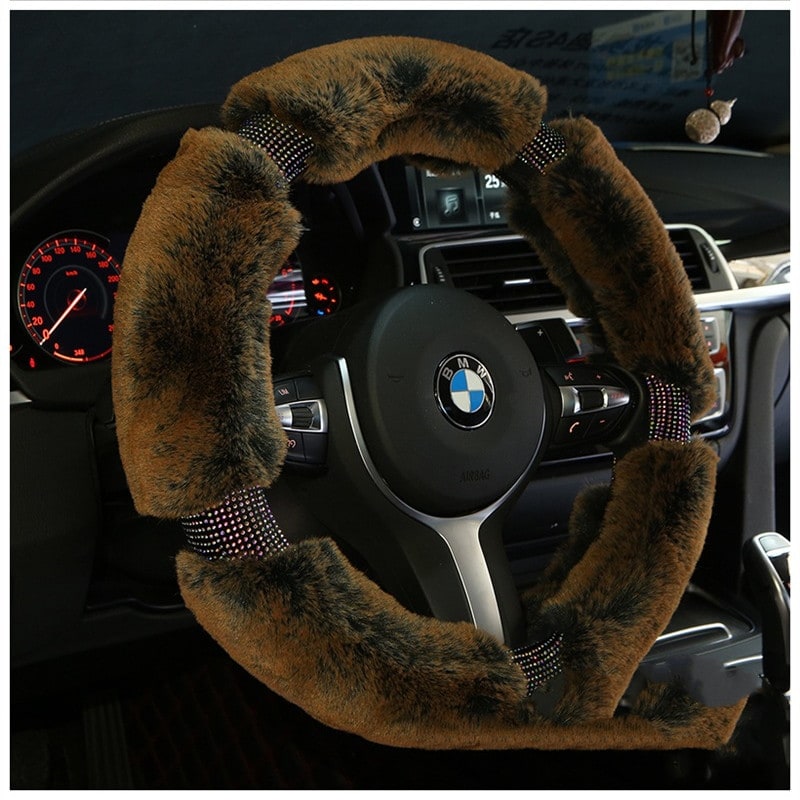 Steering Wheel Cover for Car with Plush Faux Fur and Rhinestone Accents - Image 3