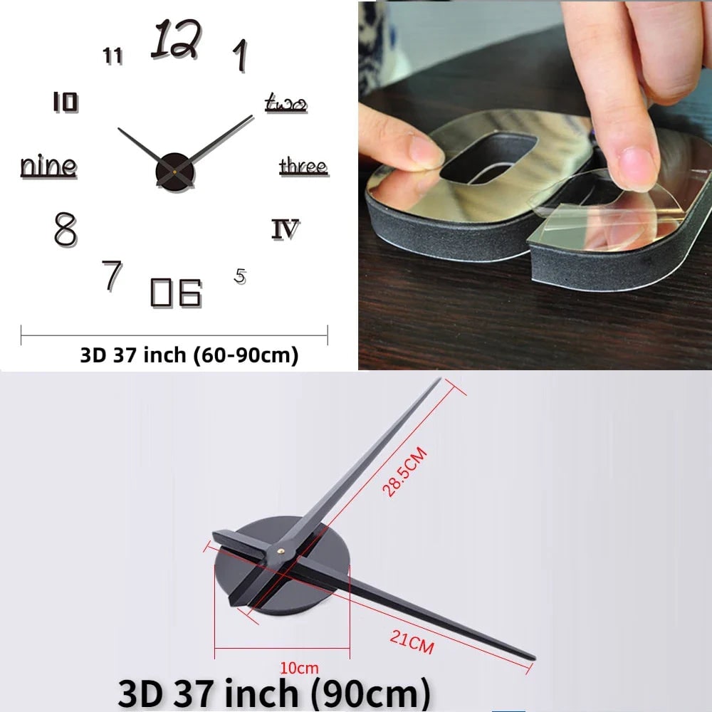 Wall Clock with 3D Self-Adhesive Numbers and Silent Battery Operated Mechanism - Image 3