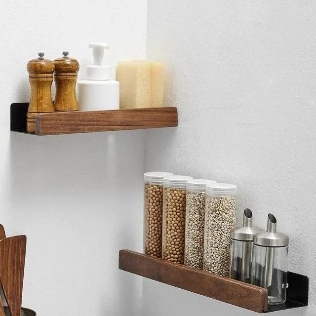 Wall Mounted Floating Shelves with Wooden Rail and Metal Bracket - Image 1