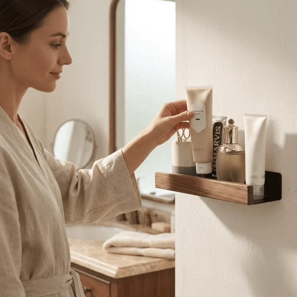 Wall Mounted Floating Shelves with Wooden Rail and Metal Bracket - Image 4