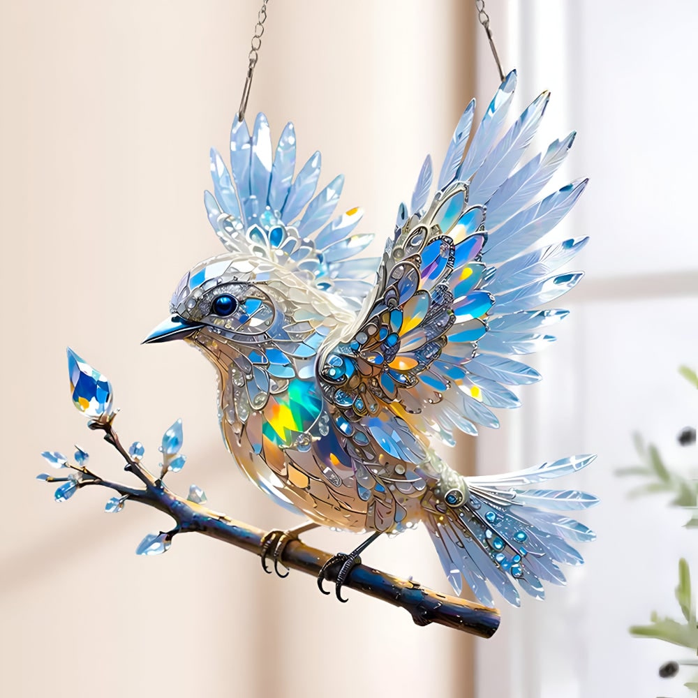 Window Suncatcher with Stained Glass Bluebird Design and Hanging Chain - Image 2