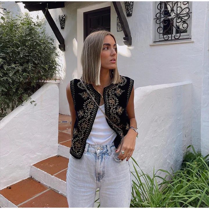 Women's Embroidered Velvet Vest Sleeveless Cropped Bohemian - Image 1