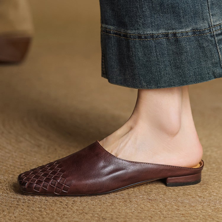 Women's Leather Slip on Mules with Woven Basketweave Toe and Square - Image 1