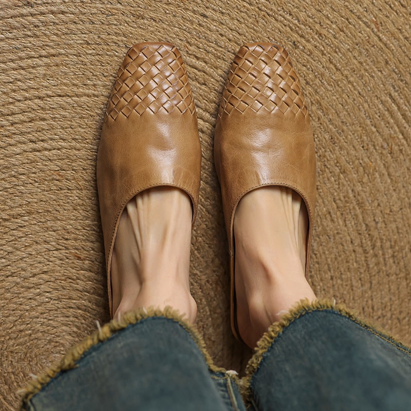 Women's Leather Slip on Mules with Woven Basketweave Toe and Square - Image 10