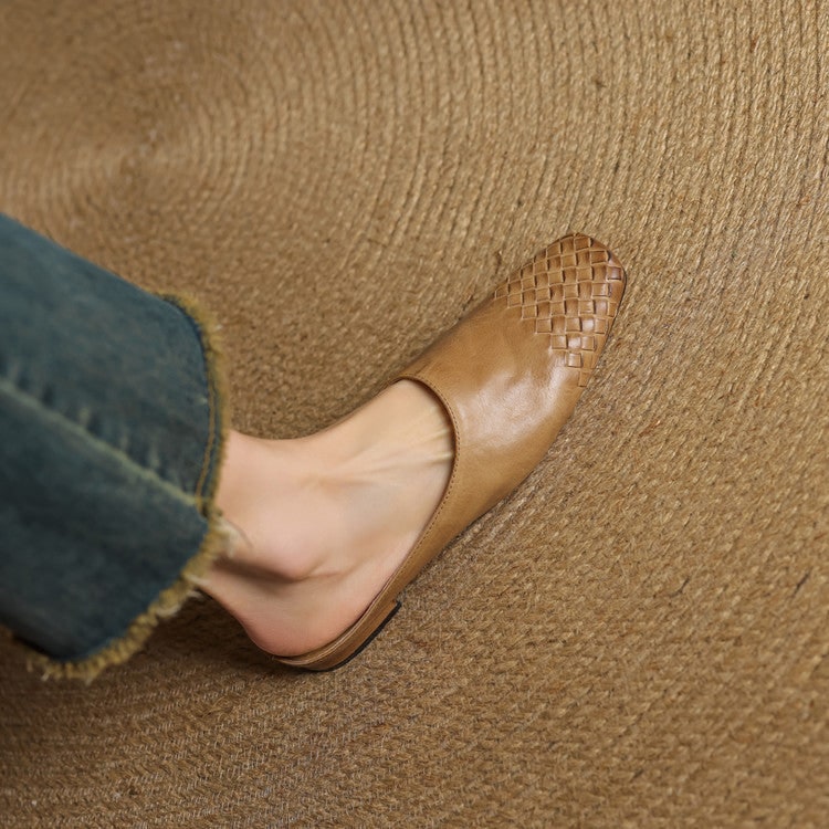 Women's Leather Slip on Mules with Woven Basketweave Toe and Square - Image 11