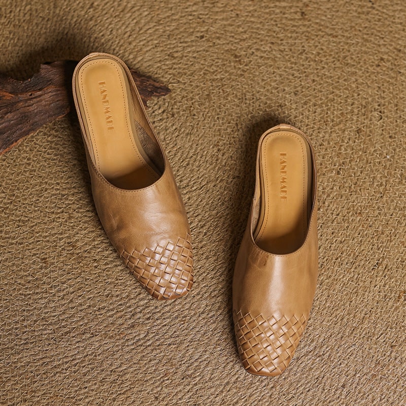 Women's Leather Slip on Mules with Woven Basketweave Toe and Square - Image 12