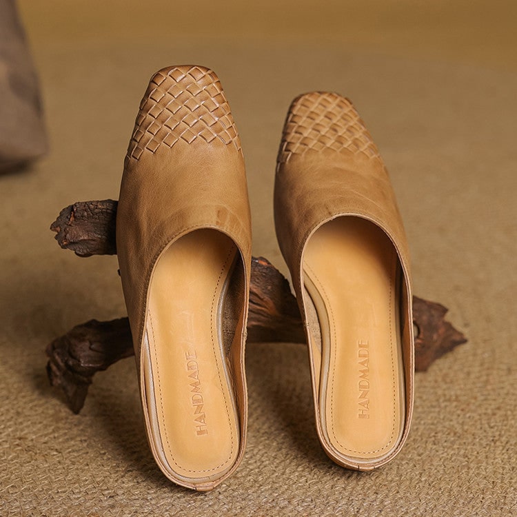 Women's Leather Slip on Mules with Woven Basketweave Toe and Square - Image 13