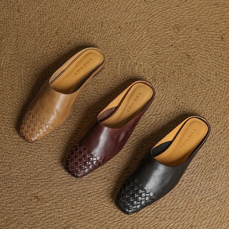 Women's Leather Slip on Mules with Woven Basketweave Toe and Square - Image 14