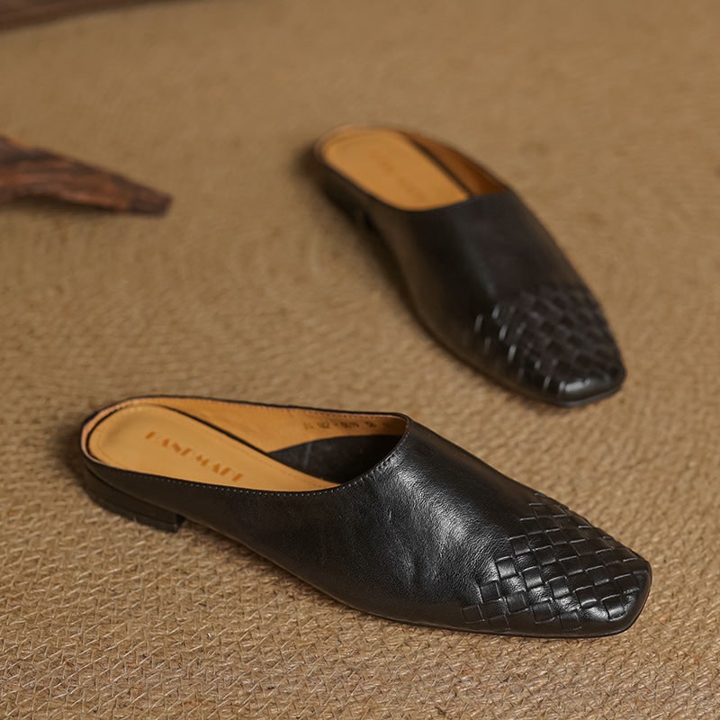 Women's Leather Slip on Mules with Woven Basketweave Toe and Square - Image 15