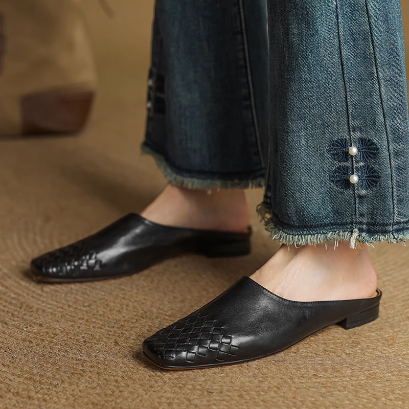 Women's Leather Slip on Mules with Woven Basketweave Toe and Square - Image 16