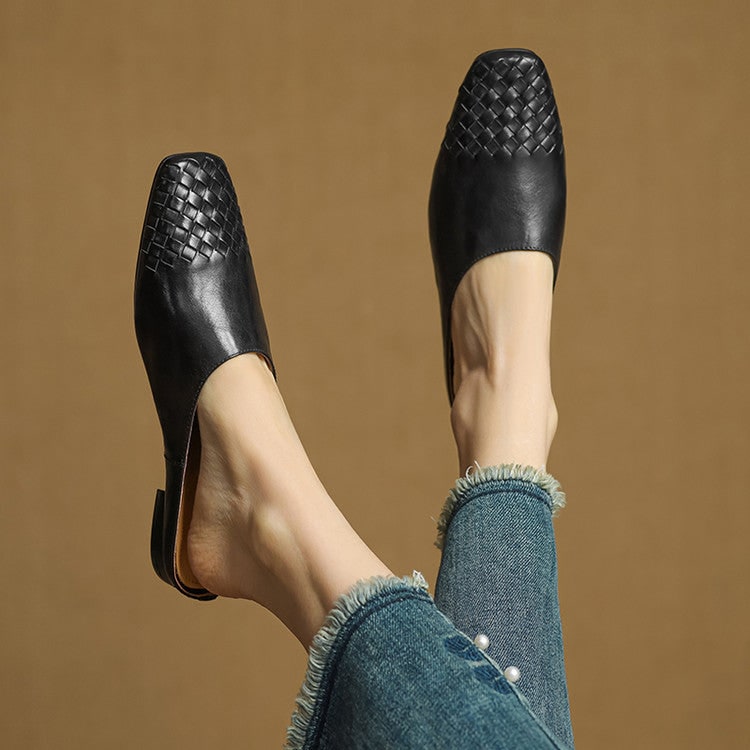 Women's Leather Slip on Mules with Woven Basketweave Toe and Square - Image 18