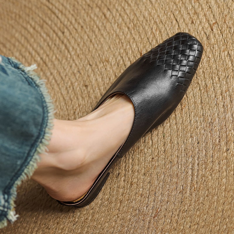 Women's Leather Slip on Mules with Woven Basketweave Toe and Square - Image 19