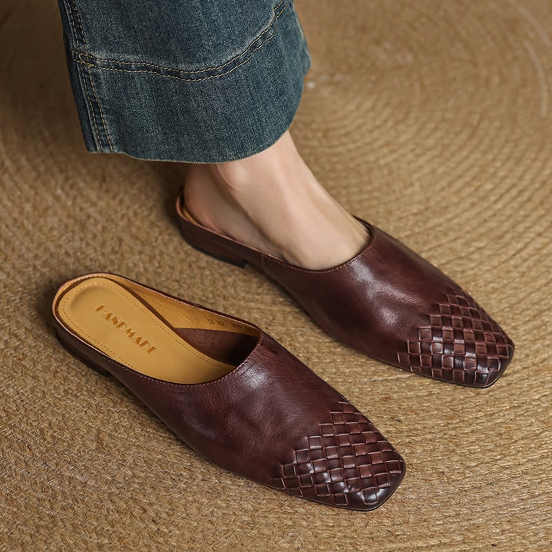 Women's Leather Slip on Mules with Woven Basketweave Toe and Square - Image 2