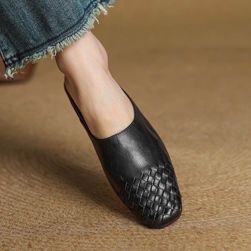 Women's Leather Slip on Mules with Woven Basketweave Toe and Square - Image 20