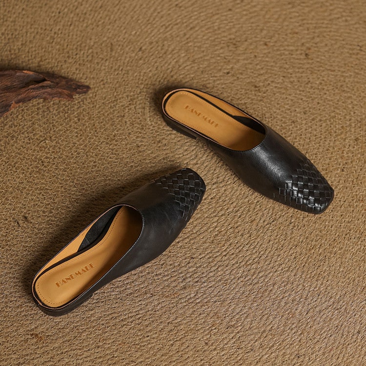 Women's Leather Slip on Mules with Woven Basketweave Toe and Square - Image 21