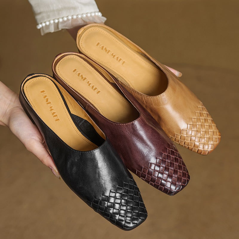 Women's Leather Slip on Mules with Woven Basketweave Toe and Square - Image 22