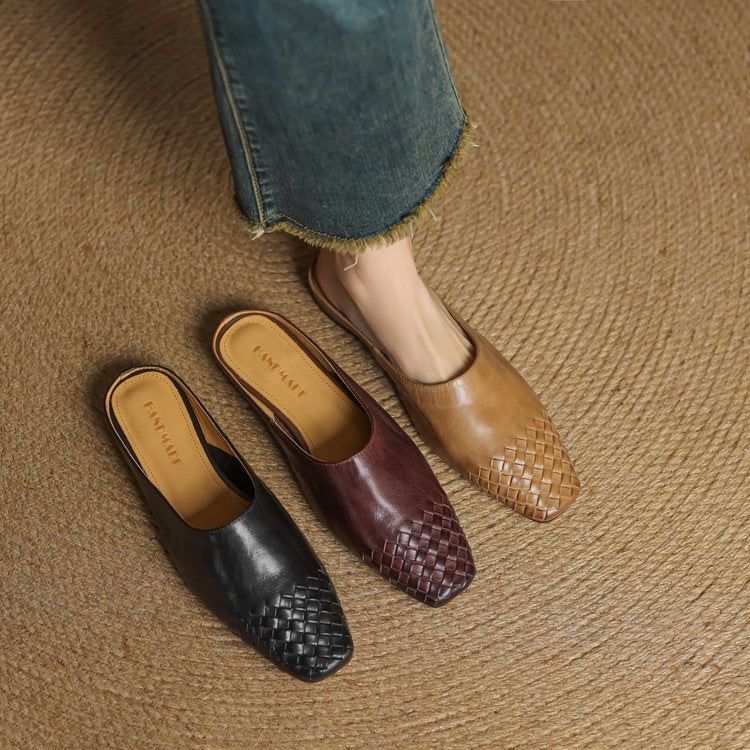 Women's Leather Slip on Mules with Woven Basketweave Toe and Square - Image 23