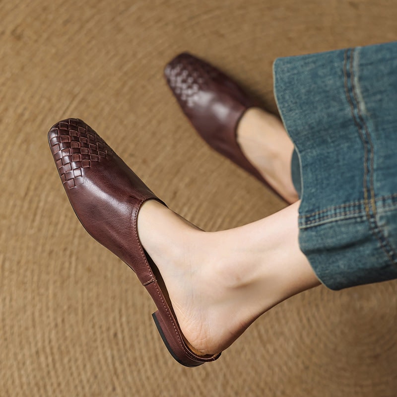 Women's Leather Slip on Mules with Woven Basketweave Toe and Square - Image 3