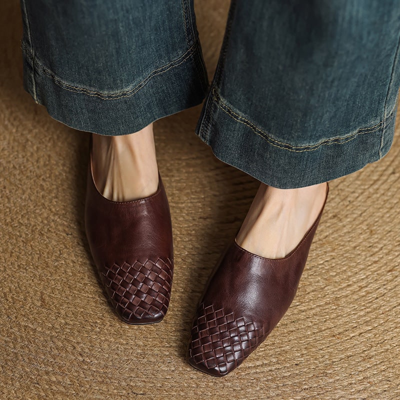 Women's Leather Slip on Mules with Woven Basketweave Toe and Square - Image 4