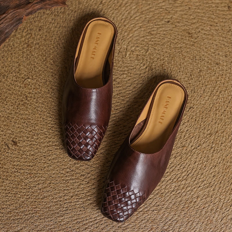 Women's Leather Slip on Mules with Woven Basketweave Toe and Square - Image 5