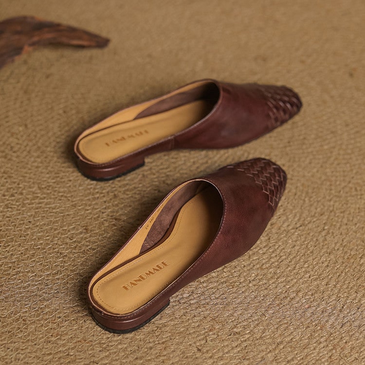 Women's Leather Slip on Mules with Woven Basketweave Toe and Square - Image 6