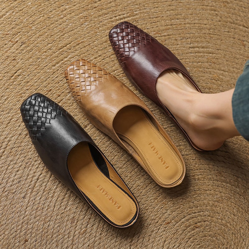 Women's Leather Slip on Mules with Woven Basketweave Toe and Square - Image 7