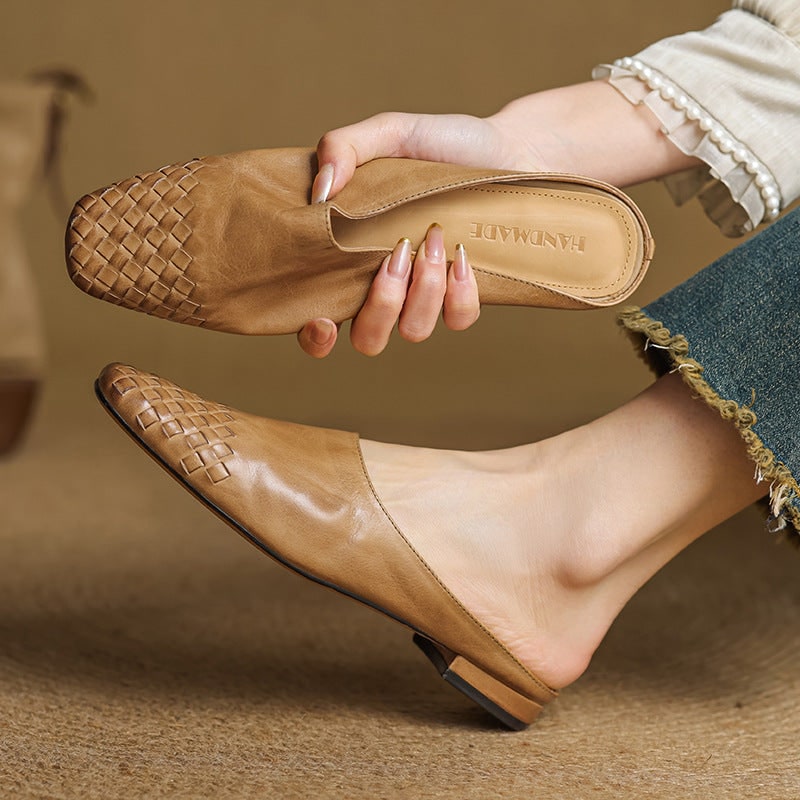Women's Leather Slip on Mules with Woven Basketweave Toe and Square - Image 8