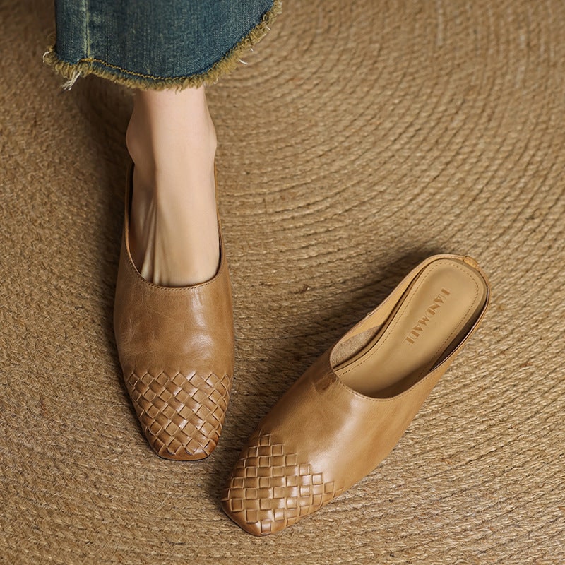 Women's Leather Slip on Mules with Woven Basketweave Toe and Square - Image 9