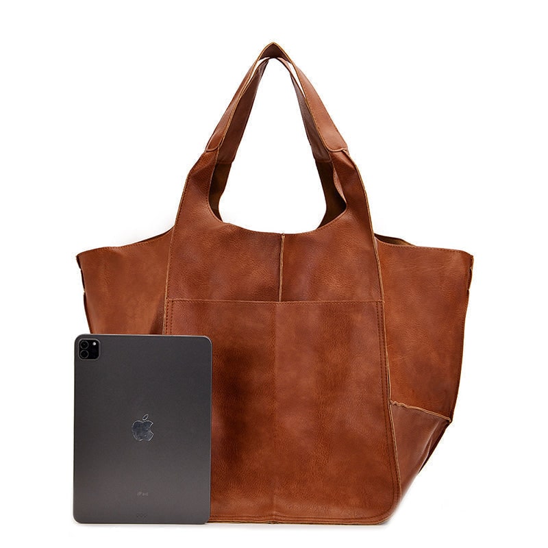 Women's Leather Tote Bag with Slouchy Unstructured Design and Large Front Pocket for Work - Image 10