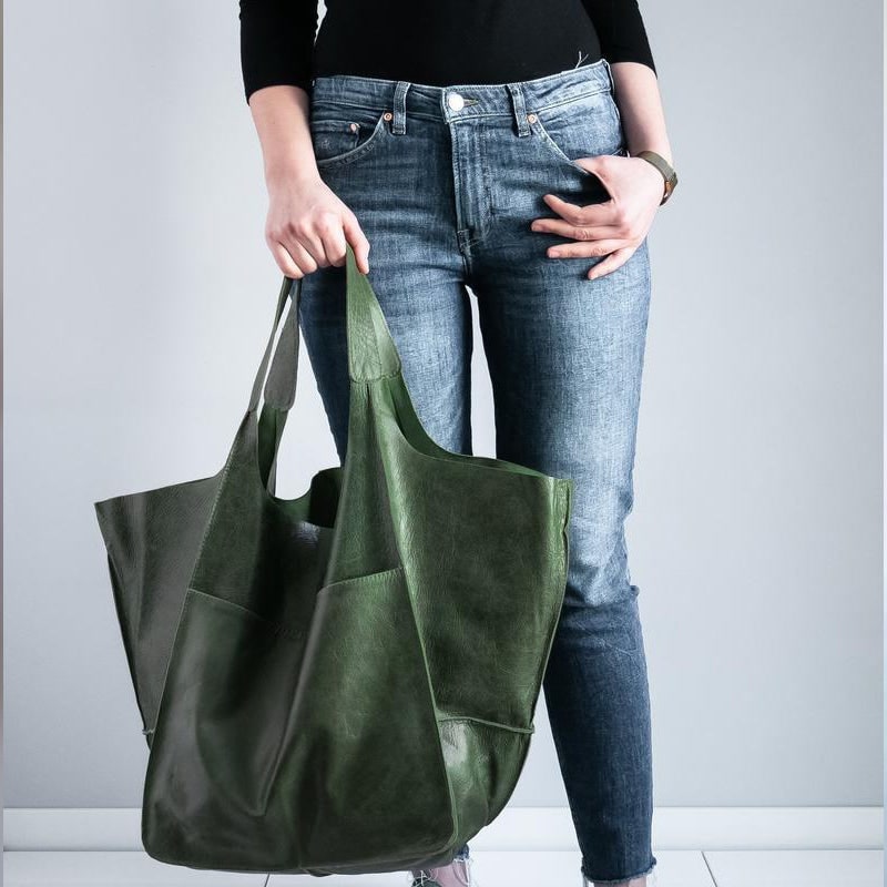 Women's Leather Tote Bag with Slouchy Unstructured Design and Large Front Pocket for Work - Image 14