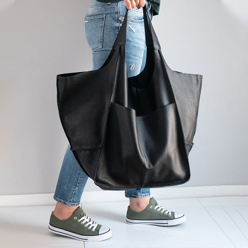 Women's Leather Tote Bag with Slouchy Unstructured Design and Large Front Pocket for Work - Image 15