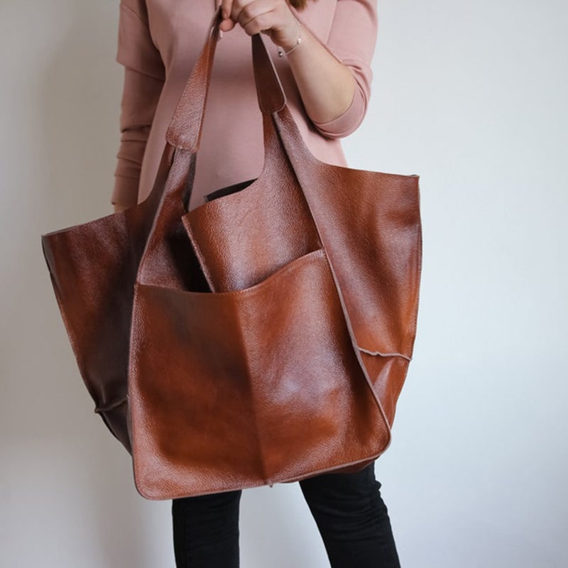 Women's Leather Tote Bag with Slouchy Unstructured Design and Large Front Pocket for Work - Image 16