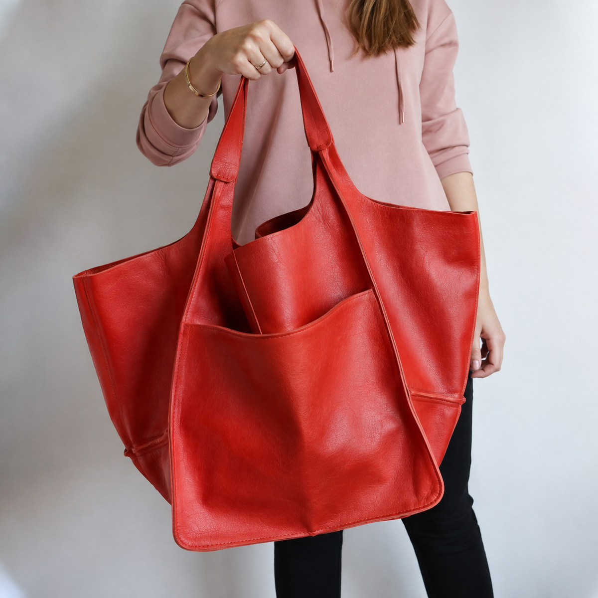 Women's Leather Tote Bag with Slouchy Unstructured Design and Large Front Pocket for Work - Image 18