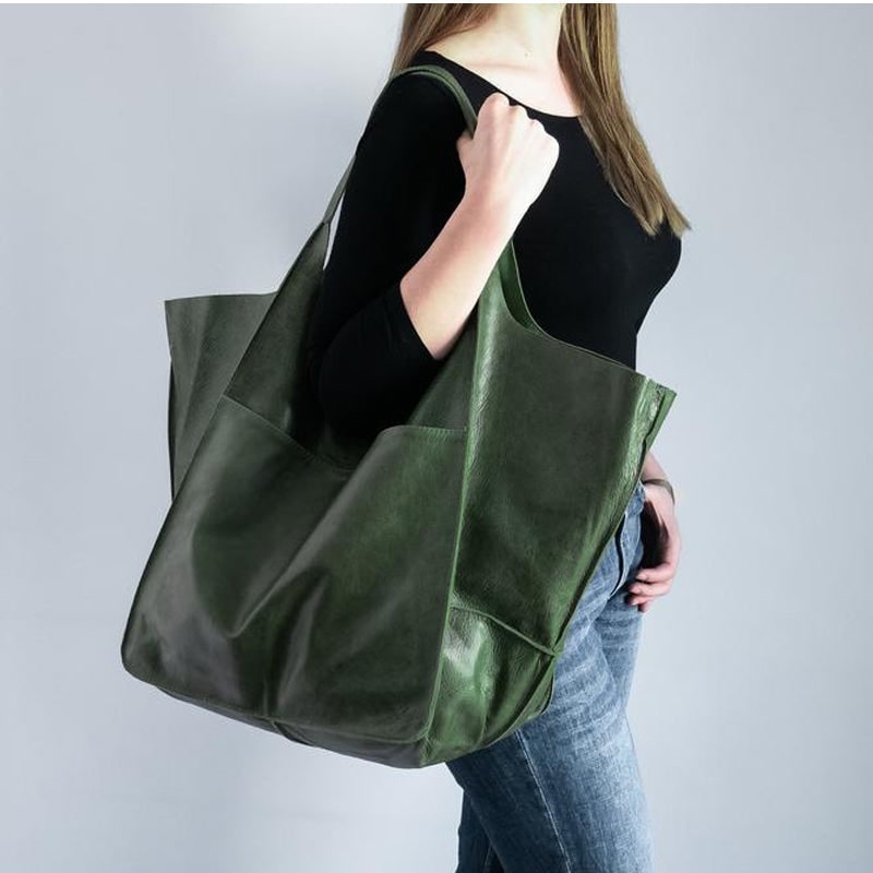 Women's Leather Tote Bag with Slouchy Unstructured Design and Large Front Pocket for Work - Image 2