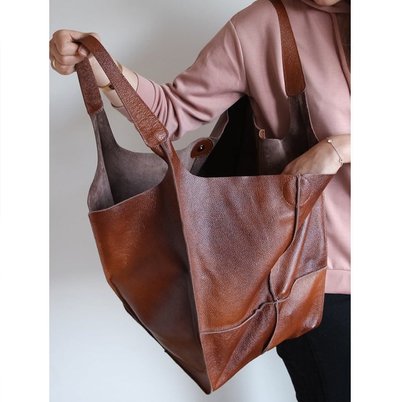 Women's Leather Tote Bag with Slouchy Unstructured Design and Large Front Pocket for Work - Image 3