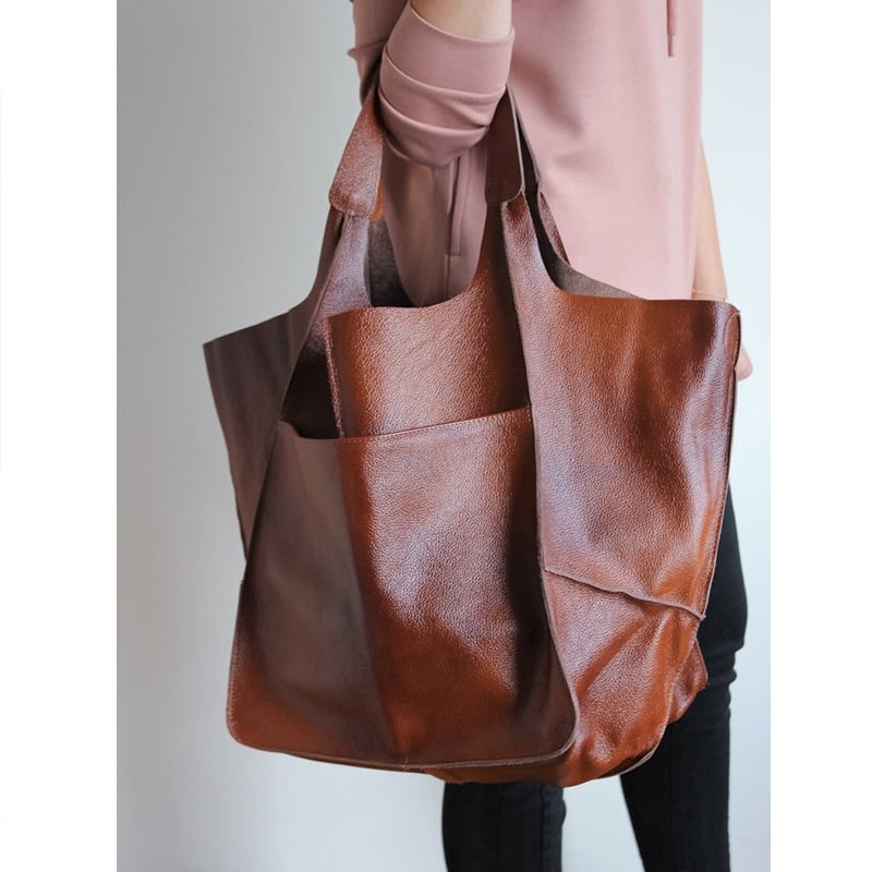 Women's Leather Tote Bag with Slouchy Unstructured Design and Large Front Pocket for Work - Image 6