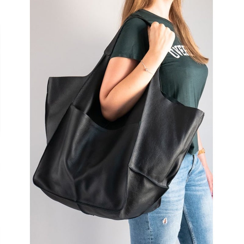 Women's Leather Tote Bag with Slouchy Unstructured Design and Large Front Pocket for Work - Image 7